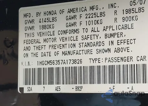 2007 Honda Accord 2.4 Se z USA, uszkodzony, nr VIN 1HGCM56357A173826